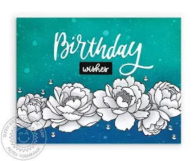 Sunny Studio Blog: Teal, Blue, Black & White Floral Birthday Wishes Card (using Pink Peonies Stamps, Blooming Frame Dies & Mirror Droplets)