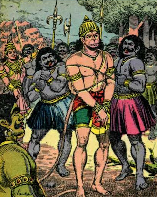 Hanuman tied in ropes by the rakshasas