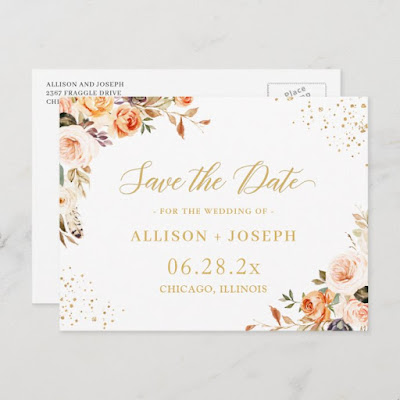  Gold Glitters Autumn Floral Wedding Save the Date Invitation Postcard