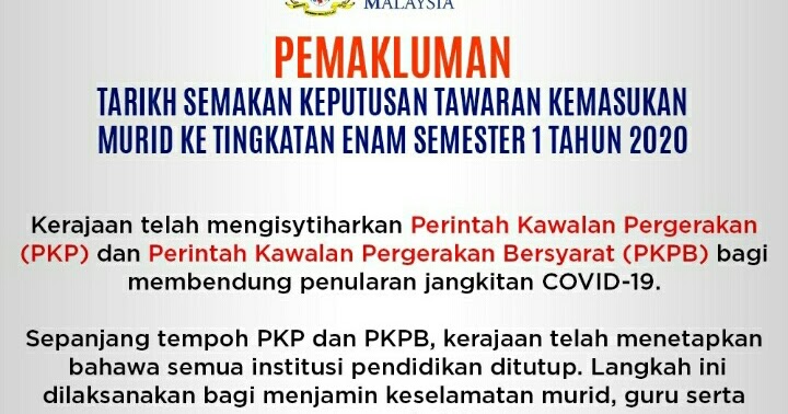 Pemakluman Tarikh Semakan Keputusan Tawaran Kemasukan ...