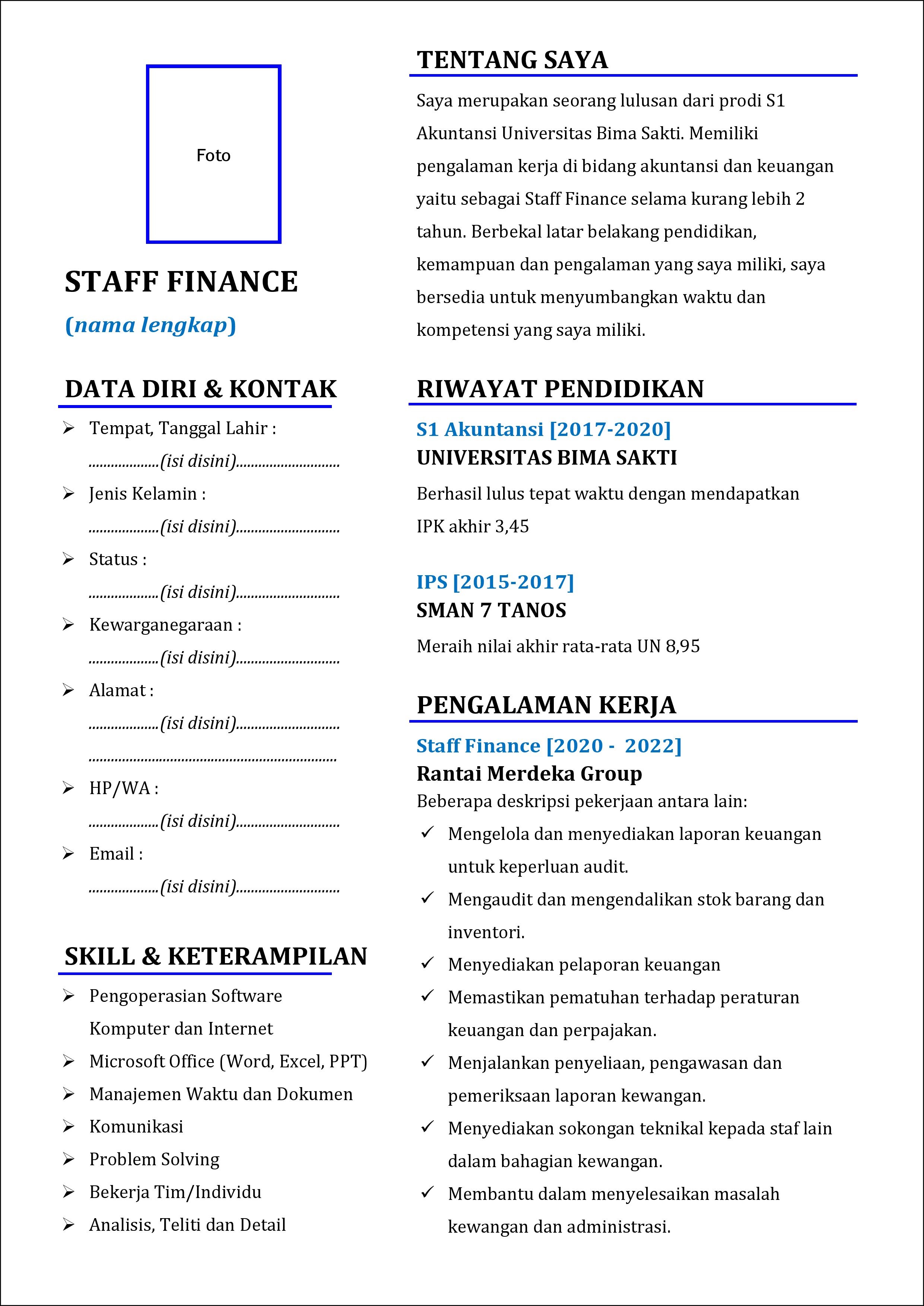 contoh 1 daftar riwayat hidup Staff Finance (Staff Keuangan) yang punya pengalaman kerja (experience)