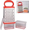 Box Cheese Grater w 2 Attachable Storage Containers- 4-Sided Stainless Steel Slicer and Shredder- 2 Hoppers for Cheeses.