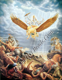 Vishnu riding into battle on Garuda, the celestial bird Pahari painting.