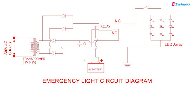 Auto ON/OFF Rechargeable Emergency light circuit diagram