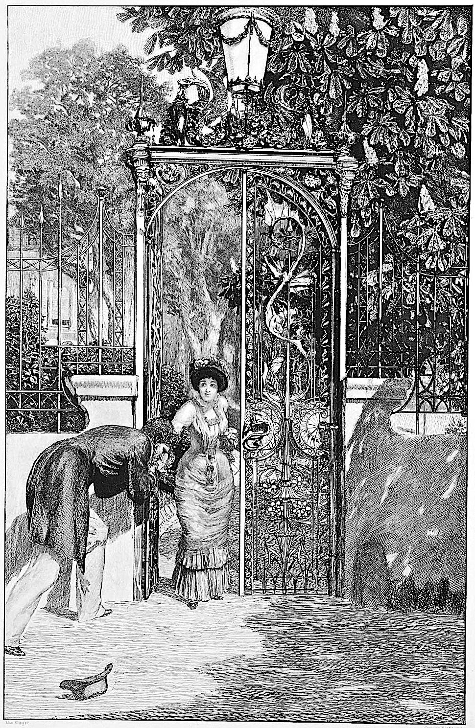 Max Klinger romance at the gate, kissing a woman's hand, smile