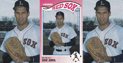 Odie Abril 1990 Lynchburg Red Sox card, Abril posed with glove