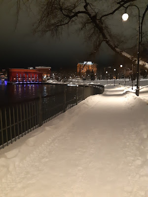 Talvinen maisema Tampereen Koskipuiston rannan kävelytieltä, kuvassa kosken vettä ja luminen tie