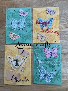 The quartet of Butterfly Brilliance cards in so saffron and coastal cabana using the papers