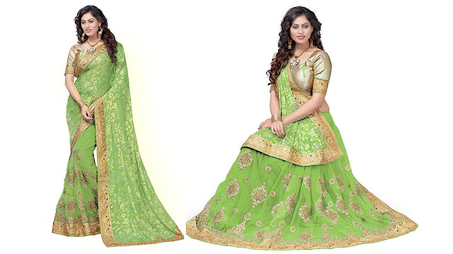 Pragati Fashion Hub Embroidered Fashion Brasso, Net Saree  (Green)