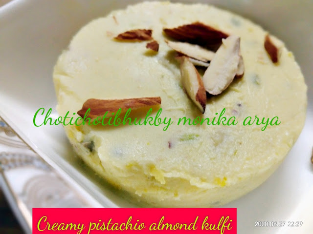 Creamy pistachio almond kulfi is a homemade kulfi which you can cook easily .It has goodness of milk and health benefits of nuts