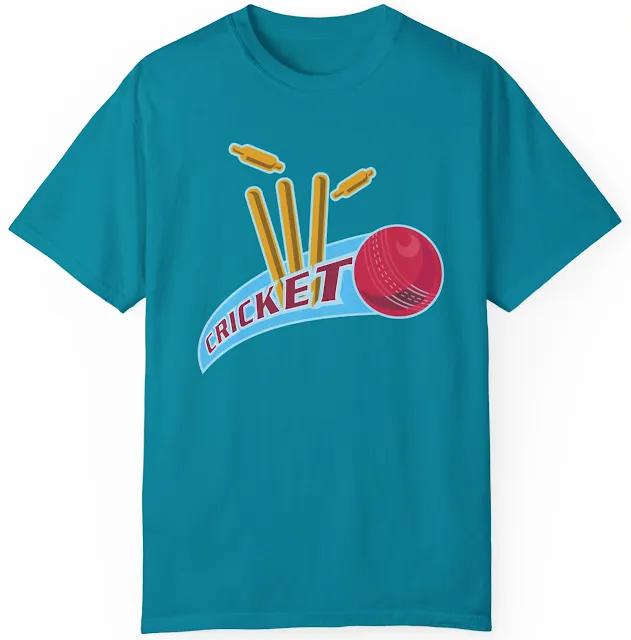 Garment Dyed Personalized Cricket T-Shirt With A Red Cricket Ball Hitting Bowling Over Golden Wicket and Bails Off