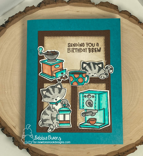 Debbie's birthday card features Newton Loves Coffee, Frames & Tags, and Time for Coffee by Newton's Nook Designs; #inkypaws, #newtonsnook, #coffeelovers, #coffeecards, #cardmaking, #cardchallenge, #catcards