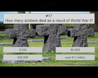 How many soldiers died as a result of World War I? Answer choices include: 8,500; 85,000; 850,000; over 8.5 million