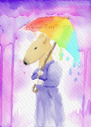 Digital painting of a woman with a doe's head standing under a rainbow-hued umbrella