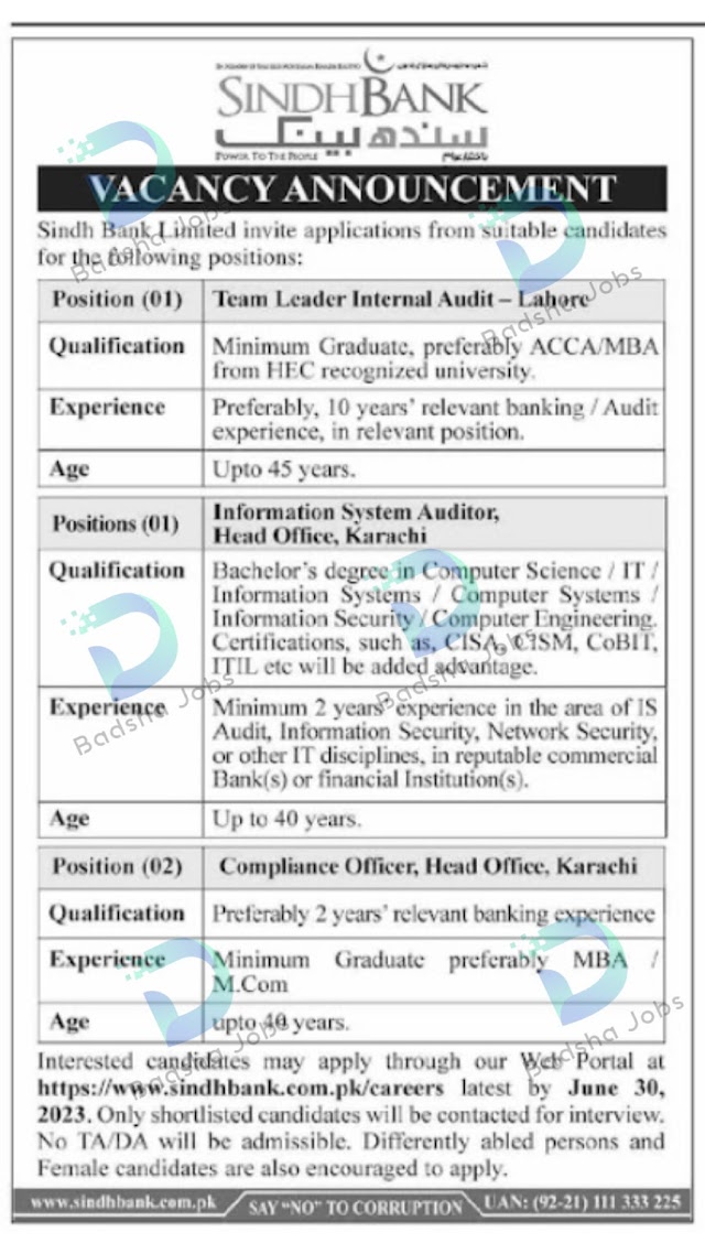 Latest Job Openings at Sindh Bank Limited Karachi (June 2023)
