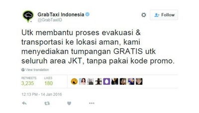 Terkait ledakan bom sarinah Jakarta, GrabTaxi Tawarkan Evakuasi Gratis