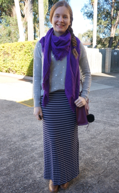 purple blanket scarf striped maxi skirt foil grey jumper SAHM style | away from blue
