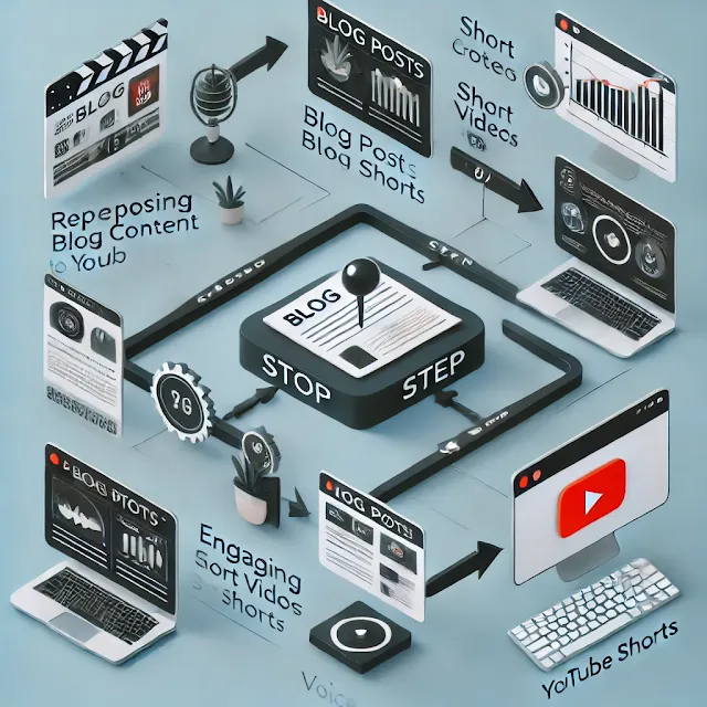 A modern infographic illustrating the step-by-step process of converting blog content into engaging YouTube Shorts for better reach and monetization.
