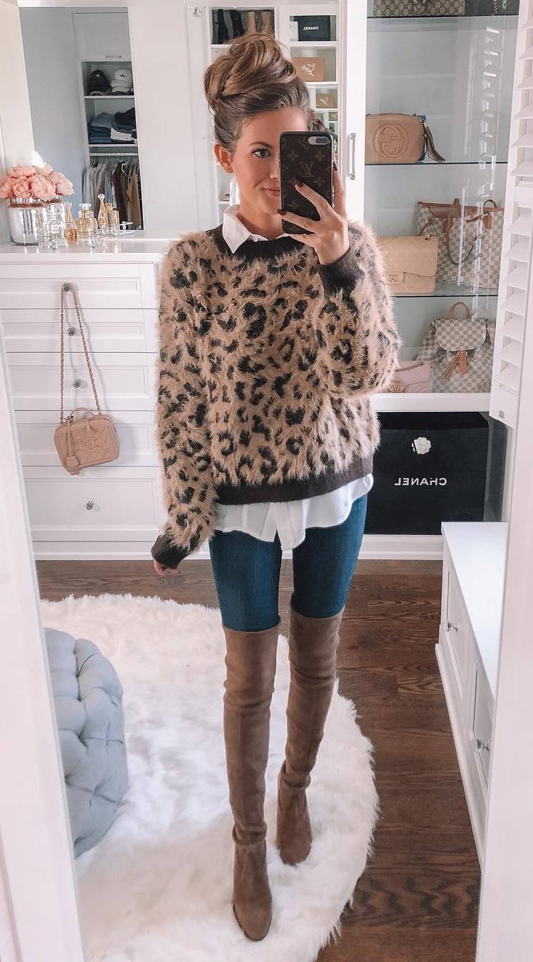pretty cool outfit / leopard sweater + white shirt + skinnies + over knee boots