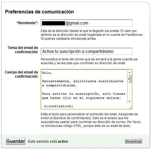 preferencias de comunicación de feedburner