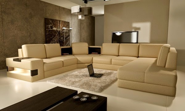 Sala moderna con muebles color beige y paredes color arena. Una sala 