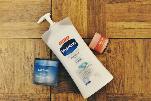 Vaseline Intensive Care Advanced Repair Unscented Lotion, LANEIGE Water Sleeping Mask, LANEIGE Lip Sleeping Mask