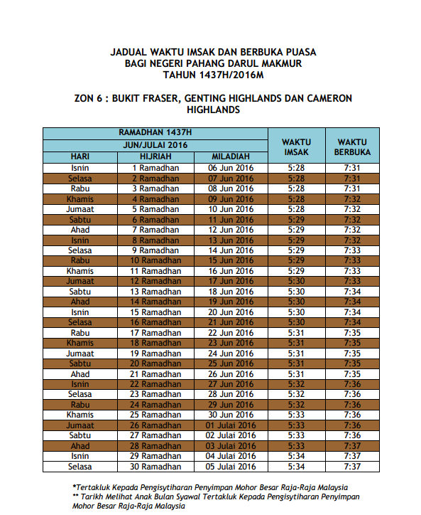 Jadual Waktu Berbuka Puasa dan Imsak 2016 Pahang