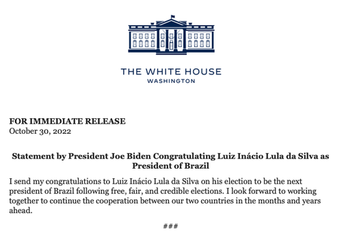 Left-Wing Lula Narrowly Wins Brazilian Presidency, Biden Quickly Praises "Free, Fair, & Credible Elections"