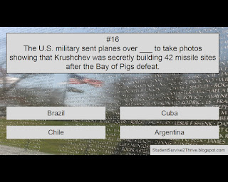 The U.S. military sent planes over ___ to take photos showing that Krushchev was secretly building 42 missile sites after the Bay of Pigs defeat. Answer choices include: Brazil, Cuba, Chile, Argentina