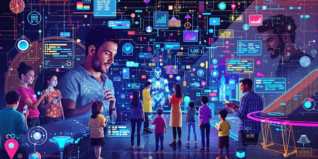 Group of people engaging with AI technology and devices.
