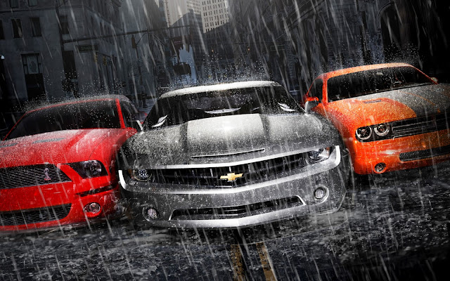 Ford Mustang Chevrolet and Dodge Muscle Cars Under Heavy Rain