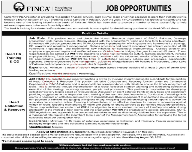 FINCA Microfinance Bank Today Latest Jobs 2021 | www.finca.pk/careers