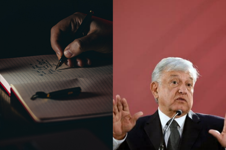 Una carta escrita a mano y la foto de Andrés Manuel López Obrador | Ximinia