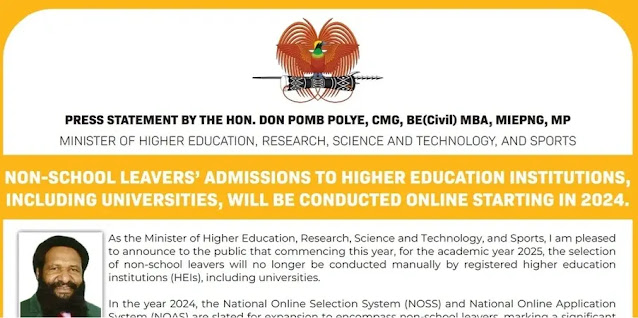 Online Selection for Non-School Leavers in PNG Universities Start 2024 for 2025 Inake