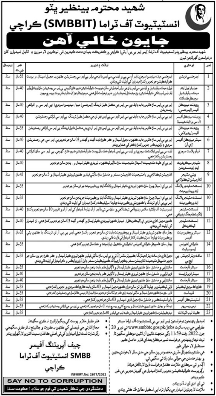 Latest Shaheed Mohtarma Benazir Bhutto Institute of Trauma SMBBIT Management Posts Karachi 2022