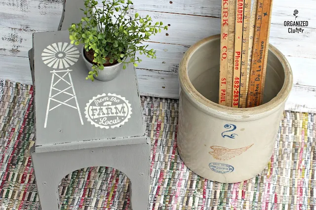 Farmhouse Style Windmill Stenciled Stool www.organizedclutter.net