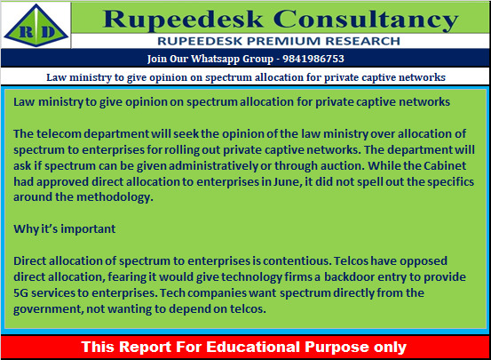 Law ministry to give opinion on spectrum allocation for private captive networks - Rupeedesk Reports - 12.01.2023