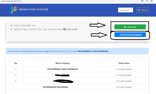 Langkah 8 Pengisian Sensuk Penduduk Online 2020 SP 2020, anda berada pada halaman utama dan bisa melihat status data