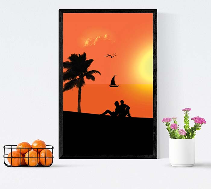 Beach-couple-coconut tree-love- bird-cloud-sea-sunset-wall art-Download Royalty Free Wall Art