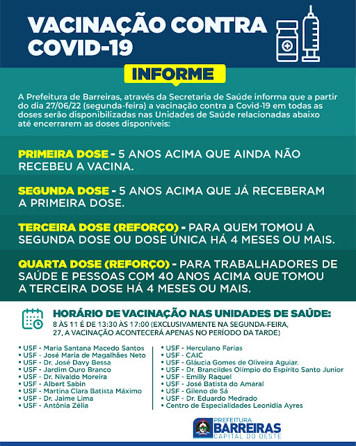 Veja onde vc pode se vacinar contra a Covid 19 em Barreiras 