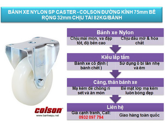 Bánh xe công nghiệp Nylon cố định chịu tải 82kg | S2-3058-255C www.banhxepu.net