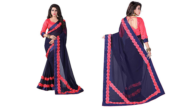 EVER NEW CREATION Women's Georgette Saree with Blouse Piece (EN22_Navy Blue_Free Size)