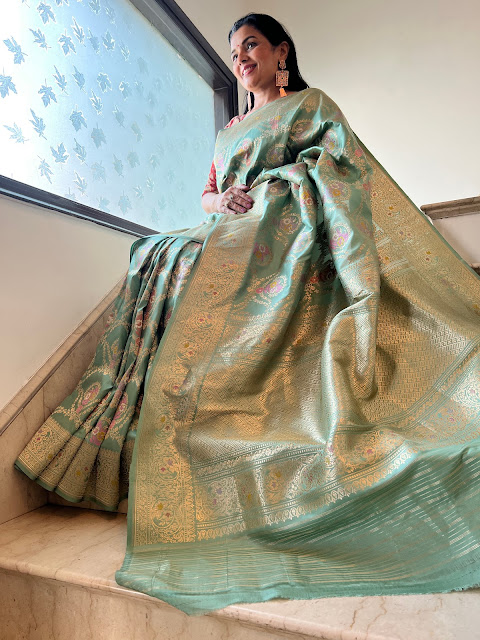 Tiffany green pure katan silk saree