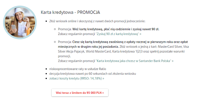 Zaproszenie do promocji z premią do 90 zł za kartę kredytową Santander Banku