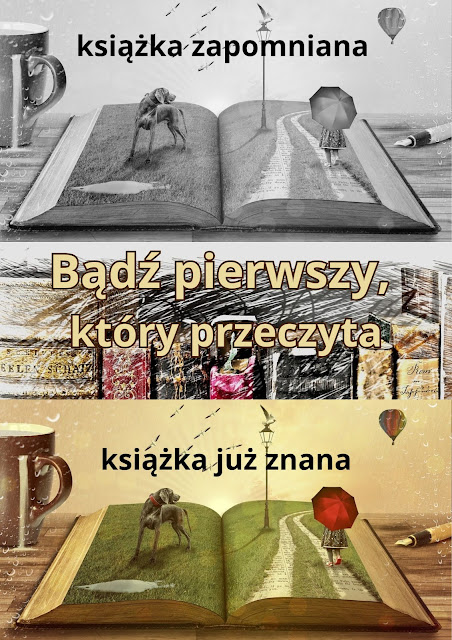 Zdjęcie przedstawia plakat nowego cyklu Bądź pierwszy, który przeczyta. Napis ten widnieje na środku plakatu na tle książek. Odgradza dwa takie same rysunki, który przedstawia otwartą książkę i po jednej stronie psa, a po drugiej spacerującą z parasolem dziewczynkę, która idzie alejką po jej lewej stronie widoczna jest latarnia z siedzącym na niej gołębiem . Latają ptaki, wznosi się balon. Koło książki po lewej stronie widać stoi kubek, a po prawej pióro, wszystko widoczne przez deszcz. Górny rysunek ma napis książka zapomniana i jest czarno-biały, a dolny kolorowy z napisem książka już znana.