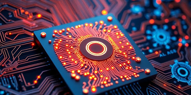 Quantum computer with circuits and AI elements in focus.