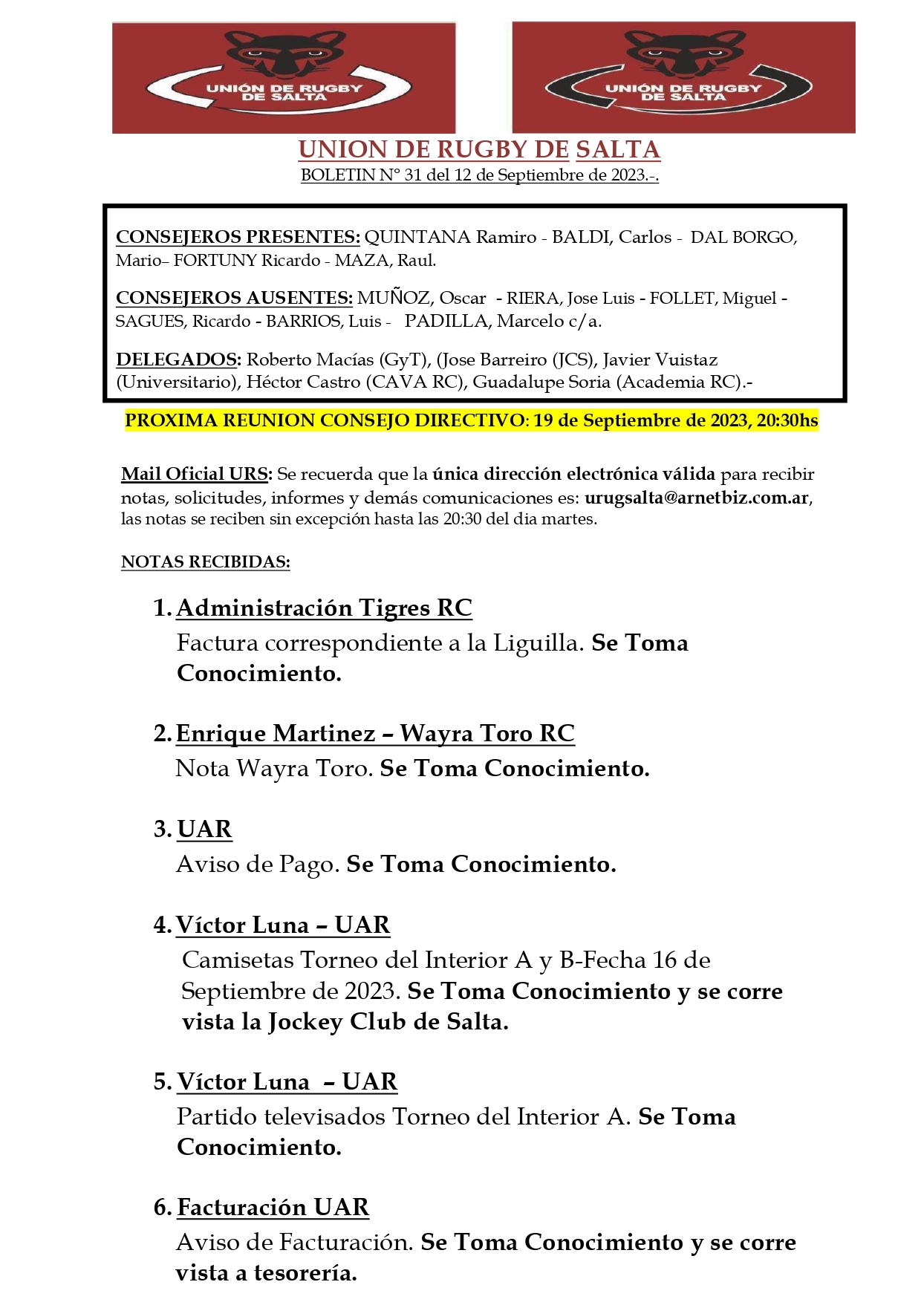 Boletín Oficial de la Unión de Rugby de Salta.