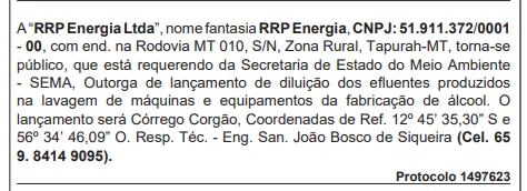 Imagem mostra publicação da empresa RRP Energia no Diário Oficial do Mato Grosso