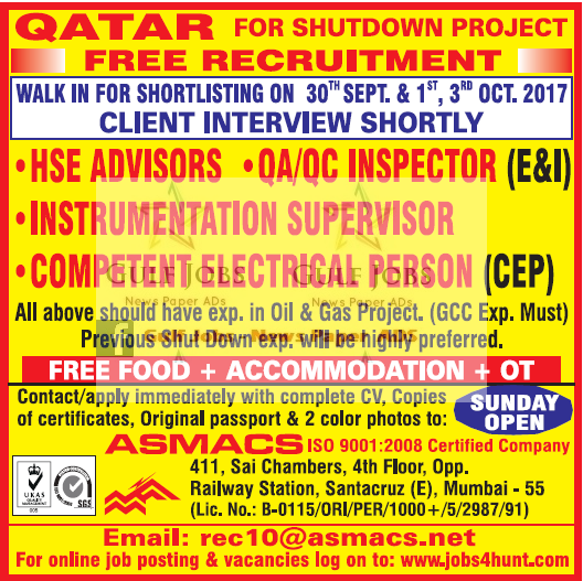 Shutdown project Job vacancies for Qatar - free recruitment - free food & accommodation