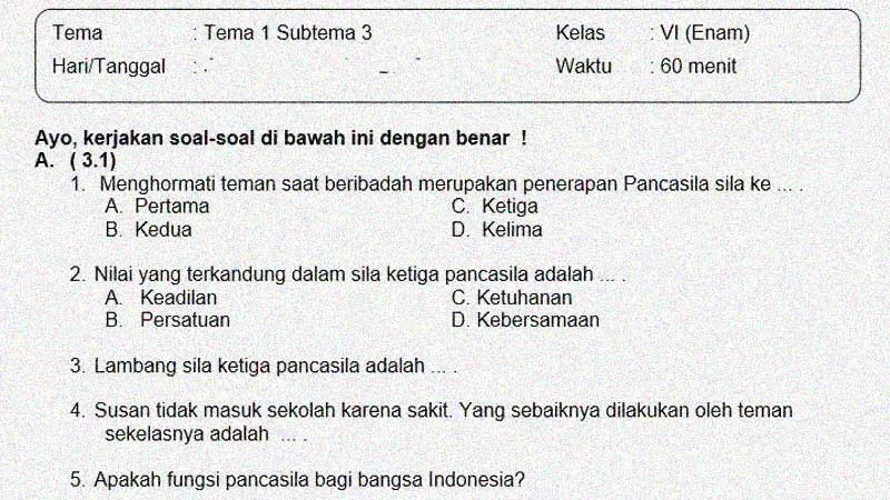 Soal dan Jawaban Penilaian Semester 1 Kelas 6 Tema 1 Subtema 3